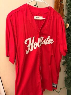 Hollister Red Baseball-Style Button Jersey with White Script